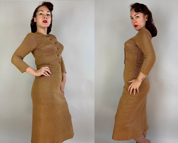 1940s Lurex Love Knit Dress | Vintage 40s Gold Sh… - image 10