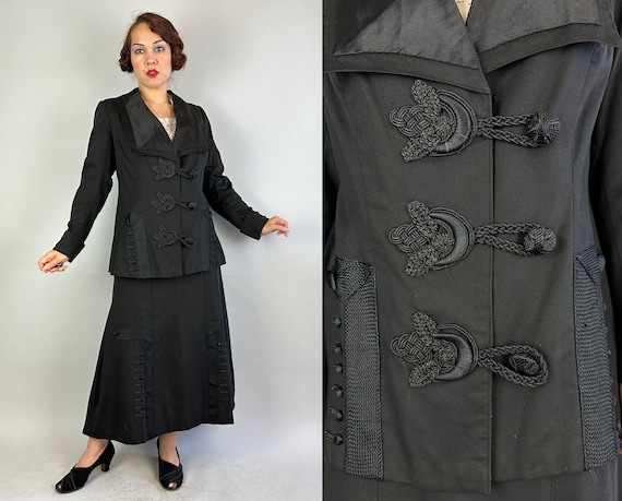 1910s Along the Avenue Walking Suit | Vintage Antique Edwardian Teens Black Wool Art Nouveau Jacket & Skirt w/Silk Cord Decorations | Medium