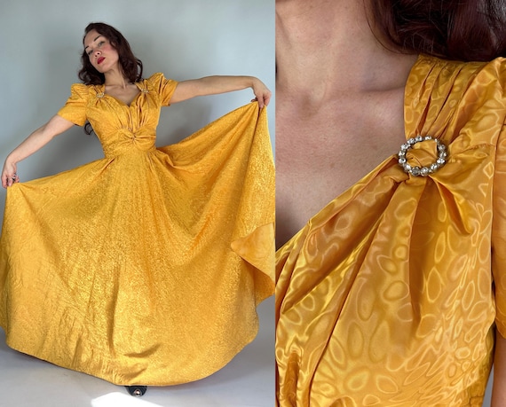 1930s Sunflower Soirée Gown | Vintage 30s Golden Yellow Moiré Petal Pattern Taffeta Puff-Sleeve Evening Dress w/Rhinestone Brooches | Medium