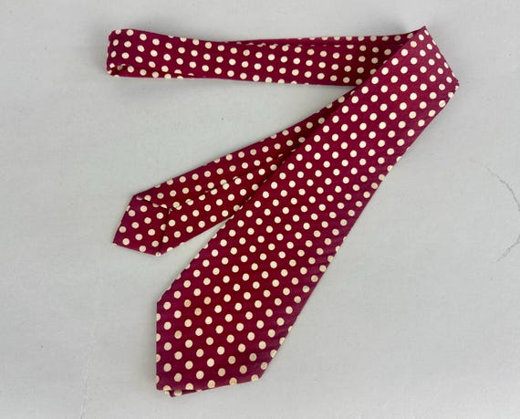 1940s Playful Polka Dot Paloosa Necktie | Vintage 40s Silk Raspberry Red Wide Self Tie Cravat with Cream White Polka Dots