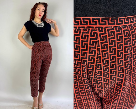 1950s Aphrodite's Assets Pants | Vintage 50s Red Corduroy with Black Greek Key Pattern Bad Girl Tapered Cigarette Trousers | Extra Small XS