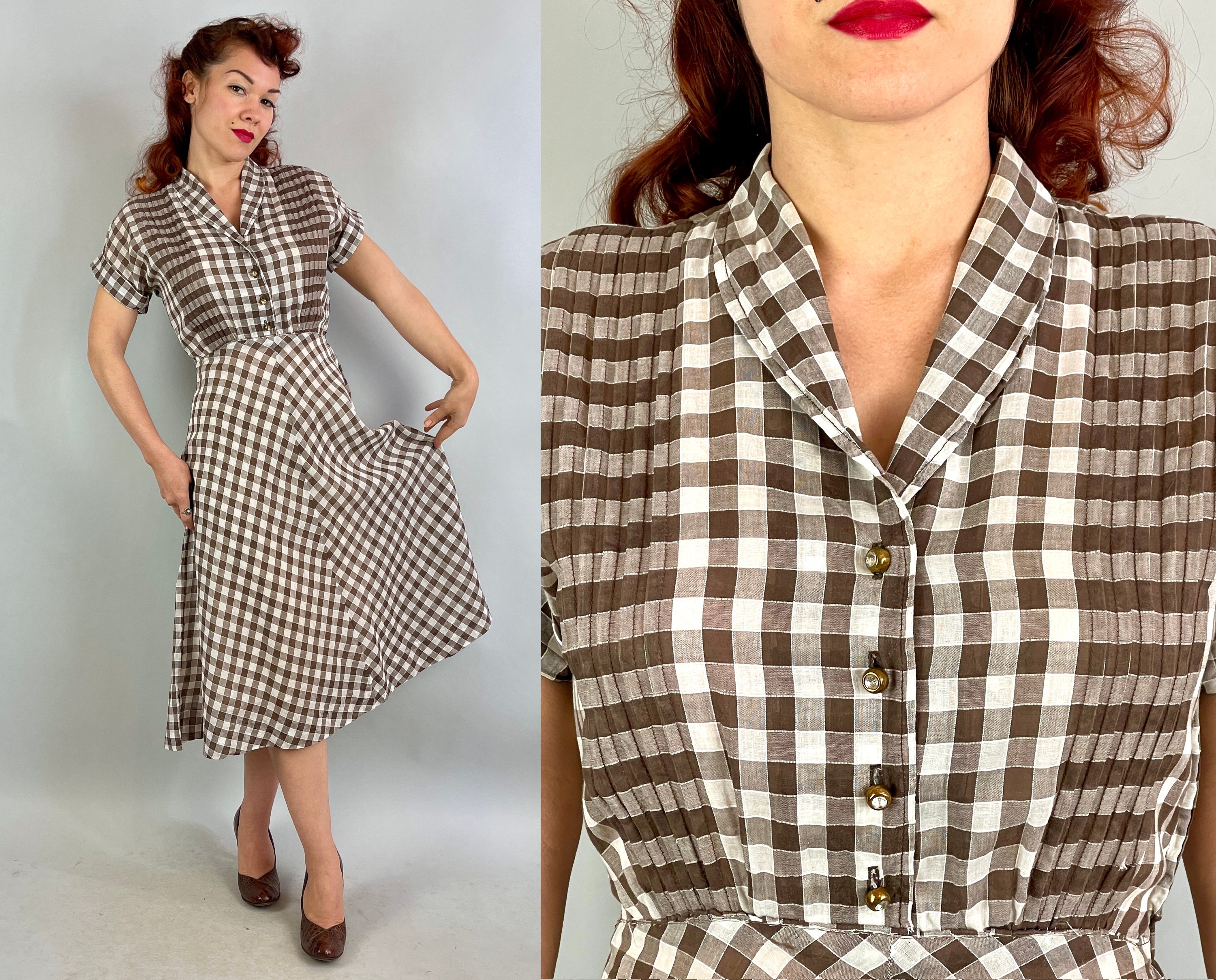 1940s Tommie's Tartan Dress | Vintage 40s Brown and White Plaid Semi ...