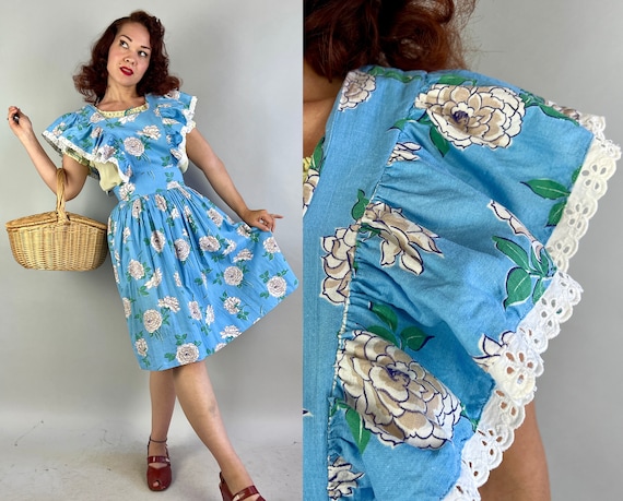 1940s Practically Perfect Pinafore Dress | Vintage 40s Blue White and Green Rose Print Cotton Ruffled Apron Frock with Button Back | Small