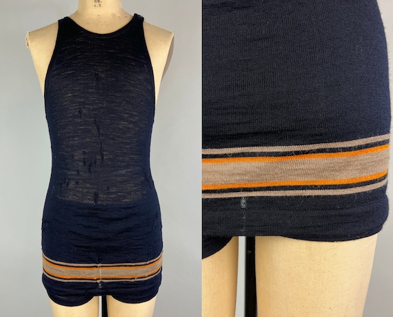 1920s Dive Right In Swimsuit | Antique Vintage 20s Black Wool One Piece Bathing Suit Swimwear with Taupe and Orange Stripes | Medium Large