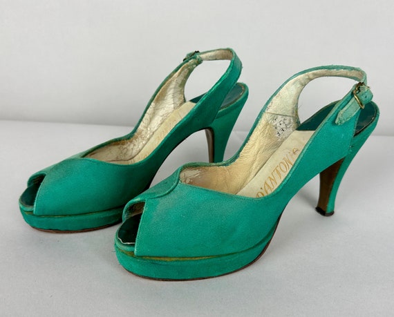 1940s Teal Tootsie Shoes | Vintage 40s Blue Green Silk Fabric Covered Platform Slingback Peeptoe Slender High Heels | Size US 7.5 7&1/2