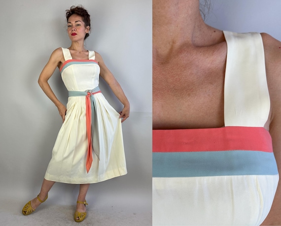 1940s Cooling Color Block Sun Dress | Vintage 40s White Pink and Blue Rayon Wide Strap Summer Frock with Two Tone Wrap Belt | Extra Small XS