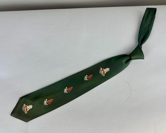 1950s Ship Shape Necktie | Vintage 50s Moss Green Silk Self Tie Cravat with Boats Chinese Sailing Ships and Pagodas in Orange Ivory and Pink