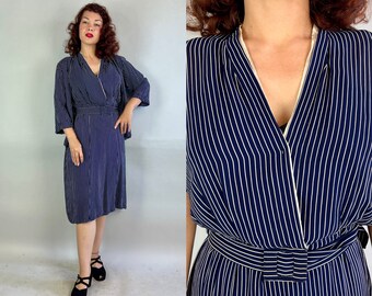 1940s Successful in Stripes Dress Set | Vintage 40s Blue and White Striped Rayon Chiffon 3-Piece Ensemble w/Jacket and Belt | Extra Large XL