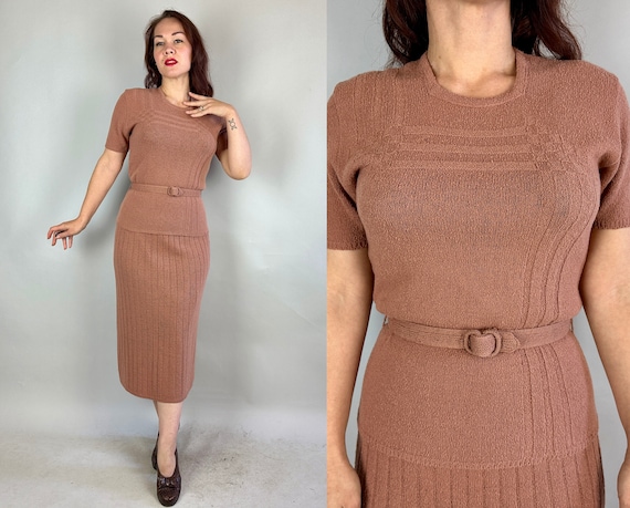 1950s Honey Bear Knit Ensemble | Vintage 50s Three Piece Brown Wool Stripe and Checker Knitwear Top Belt and Skirt Set  | Small Medium Large