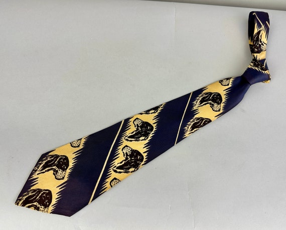 1940s Handsome Hound Dog Necktie | Vintage 40s Blue White and Yellow Rayon Self Tie Cravat with Spaniels in Profile by "Royalist"