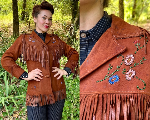 1950s Pride of the Prairie Jacket | Vintage 50s Brown Suede Fringe Country Western Coat with Floral Beading by "Chris Line" | Small Medium