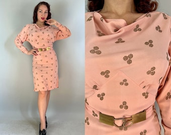 1930s Triple Threat Dress | Vintage 30s Pink Rayon Crepe with Gold Metal Lamé Circle Embroidery Cowl Neckline and Matching Belt | Small