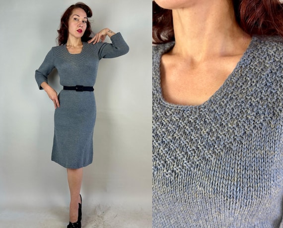 1940s Sultry Stormy Knit Dress | Vintage 40s Mottled Grey and Blue Wool Knit Sheath Frock with Decorative Stitch Yoke | Small Medium Large