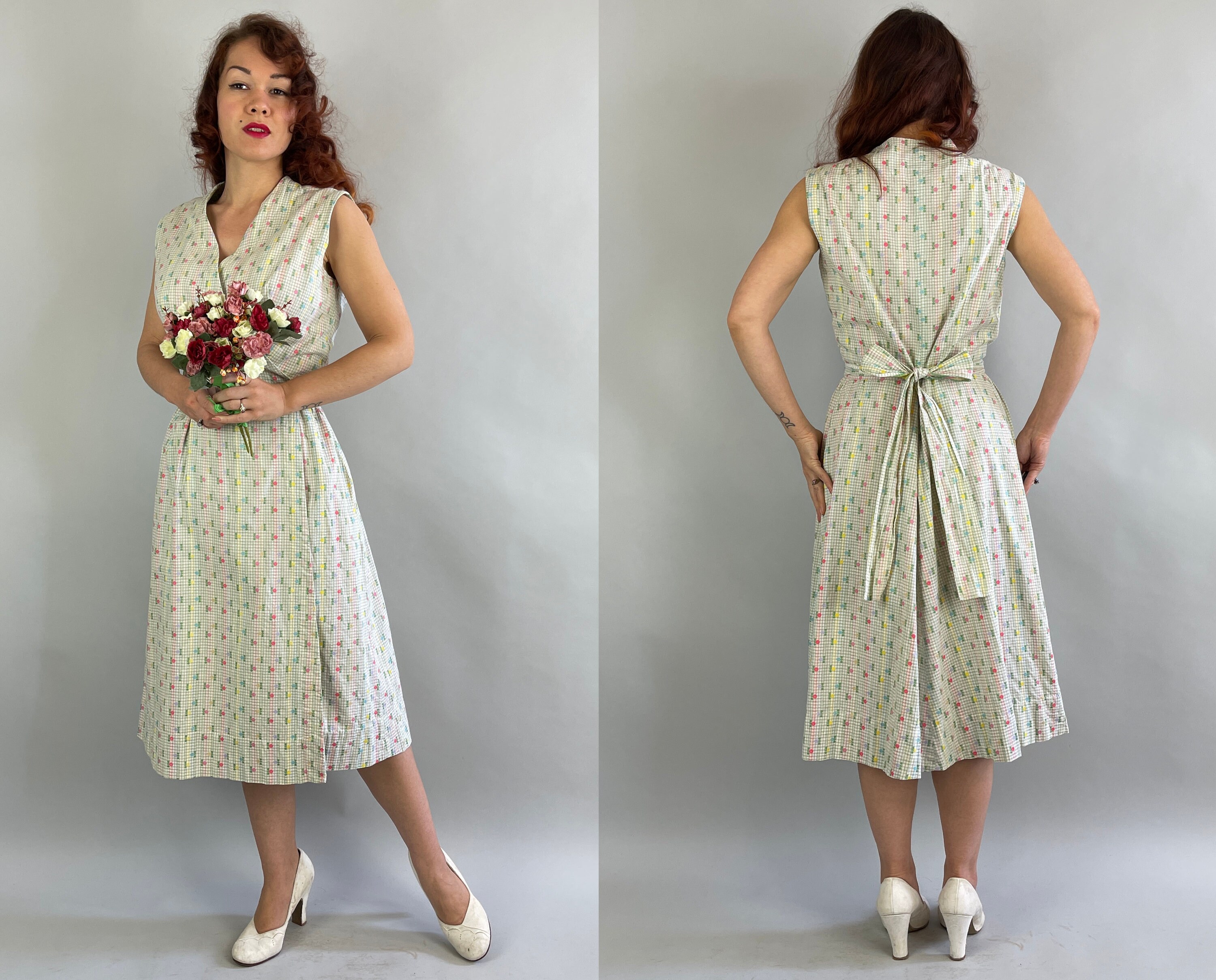 Wrap Dress Vintage 50s White Pink Blue ...