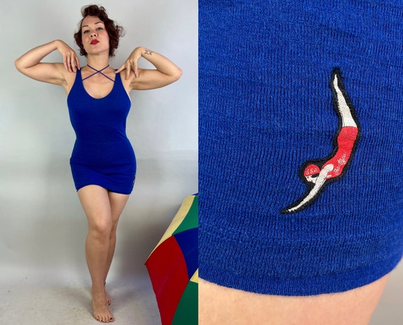 1930s Cobalt Caress Swimsuit | Vintage 30s Blue Wool Knit "Jantzen" One Piece Bathing Suit w/Skirted Shorts and Neck Straps | Small Medium