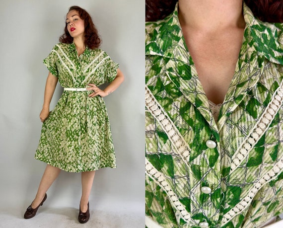 1940s Chains of Love Dress | Vintage 40s Semi-Sheer Green and White Open Weave Cotton Frock w/Leafy Chain Link Fence Print | Extra Large XL