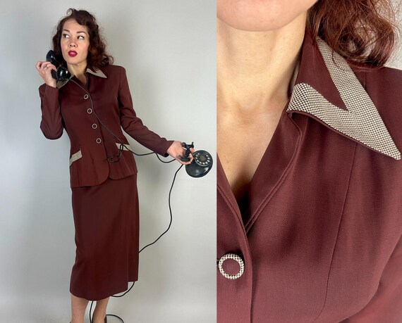 1940s Houndstooth Heroine Suit | Vintage 40s Mahogany Brown Wool 2-Piece Jacket + Skirt w/White Blue & Orange Check Accents | Extra Small XS