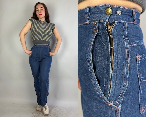 1950s Dangerous in Denim Jeans | Vintage 50s Indigo Dungaree Cotton Pants with Orange Top Stitching & Side Zipper | Extra Small XS Small