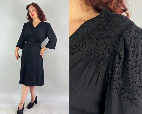 1940s Soutache Stunner Dress | Vintage 40s Black Rayon Crepe Cocktail LBD Frock with Puff Bell Sleeves and Smocking | Extra Large XL Volup