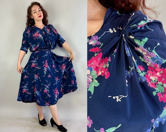 1930s Secret Garden Frock | Vintage 30s Midnight Blue Floral Silk Dress with Puff Sleeves & Pink Green and Purple Bouquets | Extra Large XL