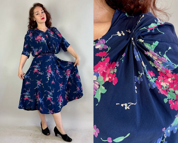 1930s Secret Garden Frock | Vintage 30s Midnight Blue Floral Silk Dress with Puff Sleeves & Pink Green and Purple Bouquets | Extra Large XL