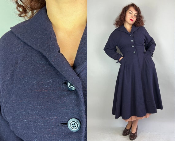 1950s Fit and Flare Coat | Vintage 50s Navy Blue Wool with Dark Pink and Baby Blue Flecks Princess "New Look" Overcoat Jacket | Small