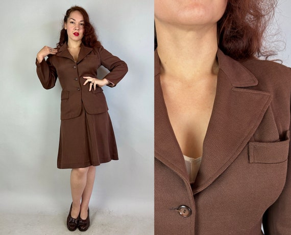 1930s Gal Friday Fashionable Suit | Vintage 30s Chocolate Brown Wool Twill Two Piece Peak Lapel Jacket & A-Line Box Pleat Skirt Set | Small