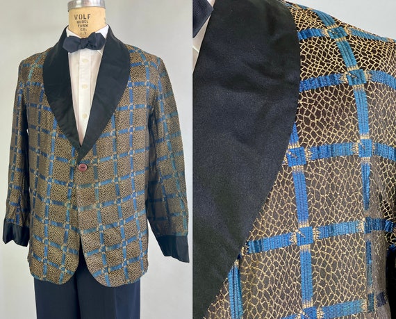 1920s Turkish Delight Smoking Jacket | Vintage Antique 20s Majestic Gold and Peacock Blue Silk Brocade Lounge Blazer | Large/Extra Large XL