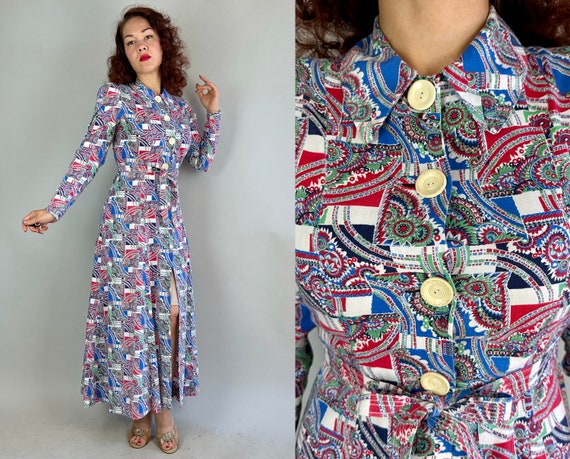 1930s Patchwork Paisley Dressing Gown | Vintage 30s Blue White Red Green Cotton Print Shirtwaist House Dress w/Sash Belt | Extra Small XS