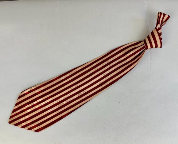 1940s Shamrock Stripes Necktie | Vintage 40s Wide Red and Pink Vertical Striped Rayon Self Tie Cravat with Satin Weave Four Leaf Clovers
