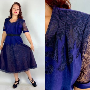 1940s Misty Midnight Dress | Vintage 40s Dark Blue Lace and Rayon Crepe Sweetheart Flames Neckline Frock w/Padded Shoulders | Extra Large XL