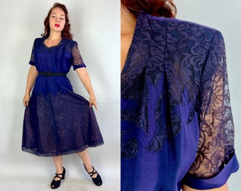 1940s Misty Midnight Dress | Vintage 40s Dark Blue Lace and Rayon Crepe Sweetheart Flames Neckline Frock w/Padded Shoulders | Extra Large XL