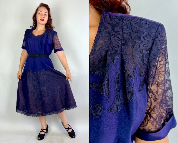 1940s Misty Midnight Dress | Vintage 40s Dark Blue Lace and Rayon Crepe Sweetheart Flames Neckline Frock w/Padded Shoulders | Extra Large XL