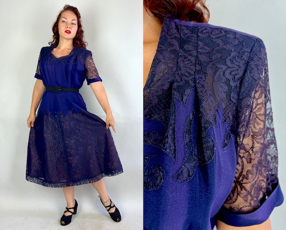 1940s Misty Midnight Dress | Vintage 40s Dark Blue Lace and Rayon Crepe Sweetheart Flames Neckline Frock w/Padded Shoulders | Extra Large XL