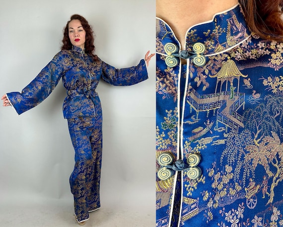 1930s Mistress of the House Lounge Set | Vintage 30s Royal Blue Colorful Asian Brocade Frog Toggle Top Pants and Belt | Small Medium Large