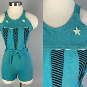 1930s Stars and Stripes Swimsuit | Vintage 30s Turquoise Black White Wool Scandalous Backless One Piece Bathing Suit | Small Extra Small XS