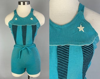 1930s Stars and Stripes Swimsuit | Vintage 30s Turquoise Black White Wool Scandalous Backless One Piece Bathing Suit | Small Extra Small XS