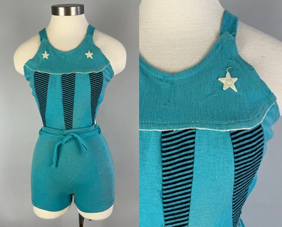 1930s Stars and Stripes Swimsuit | Vintage 30s Turquoise Black White Wool Scandalous Backless One Piece Bathing Suit | Small Extra Small XS