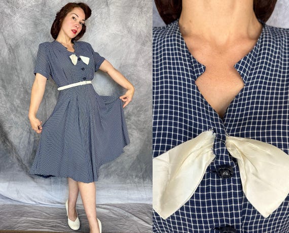 1940s Baby Blues Frock | Vintage 40s Navy & White Window Pane Plaid Rayon Dress with Silk Bow and Mosaic Buttons | Extra Large XL