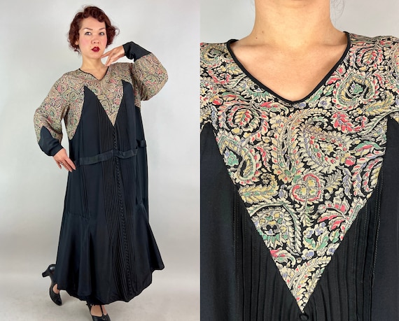 1920s Primly Posed Paisley Frock | Vintage 20s Black Silk and White Yellow Green and Red Rayon Paisley Deco Block Dress | Extra Large XL