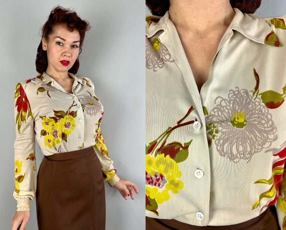 1940s Spring Fling Blossom Blouse | Vintage 40s Ivory Rayon Jersey Button Up Shirt Top with Red and Yellow Bold Flower Pattern | Medium