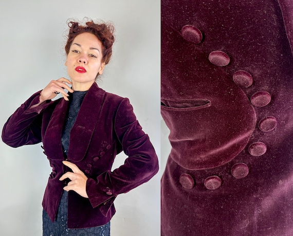 1940s Aristocratic "Adrian" Blazer | Vintage 40s Plum Purple Velveteen Jacket with Arcing Buttons Wide Lapel & Dovetail Back | Medium Large
