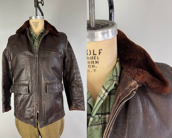 1950s Old Faithful "Fidelity" Jacket | Vintage 50s Walnut Brown Horsehide Leather Belted Back Motorcycle Jacket with Mouton Collar | Medium
