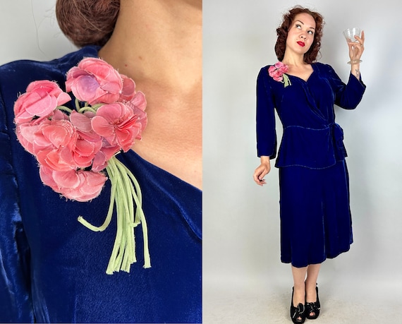 1940s Vision in Blue Ensemble | Vintage 40s 2 Piece Cobalt Silk Velvet Two Piece Peplum Jacket and Skirt Set with Big Pink Flower | Medium