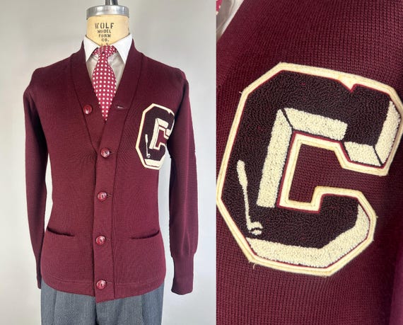 1940s Chester's Collegiate Cardigan | 40s Vintage Burgundy Two-Tone Golf Team Knit "Dehen" Sweater with "C" Patch | Small Medium