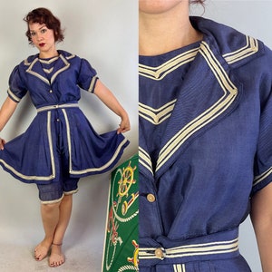 1900s Nautical Sea Nymph Swimsuit  | Vintage Antique Victorian Two Piece Blue Silk Romper and Skirt with White Stripes FIT Museum | Medium