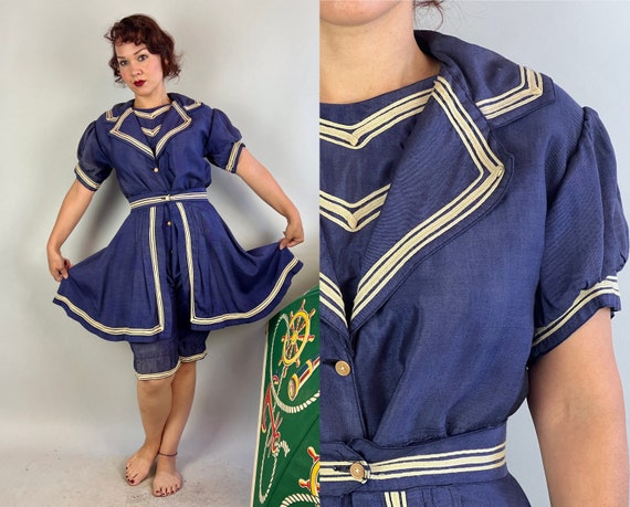 1900s Nautical Sea Nymph Swimsuit  | Vintage Antique Victorian Two Piece Blue Silk Romper and Skirt with White Stripes FIT Museum | Medium