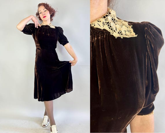 1930s Charlotte's Charming Chocolate Frock | Vintage 30s Luxurious Brown Silk Velvet Battenberg Lace Collar Puff Sleeve Dress | Medium