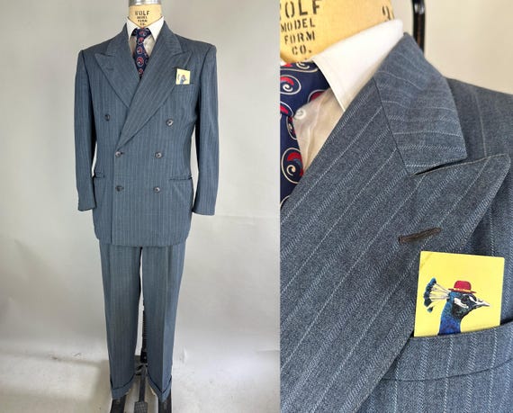 1940s Man About Town Suit | Vintage 40s Two-Piece Steel Grey Blue Wool Peak-Lapel Double-Breasted Pinstriped Jacket & Pants | Size 40 Medium