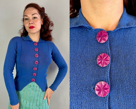 1930s Sleek Chic Knit Top | Vintage 30s Blue Rayon Boucle Knitted Blouse w/Purple Carved Buttons Ribbed Stripes and Hi Lo Hem | Small Medium